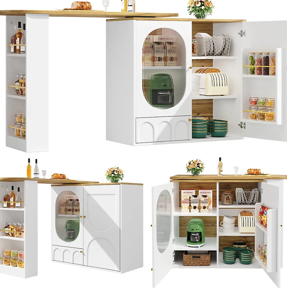 Table à manger avec buffet pivotant, 3 portes et rangements à séparateurs amovibles, MDF métal, 204x39x105 cm blanc