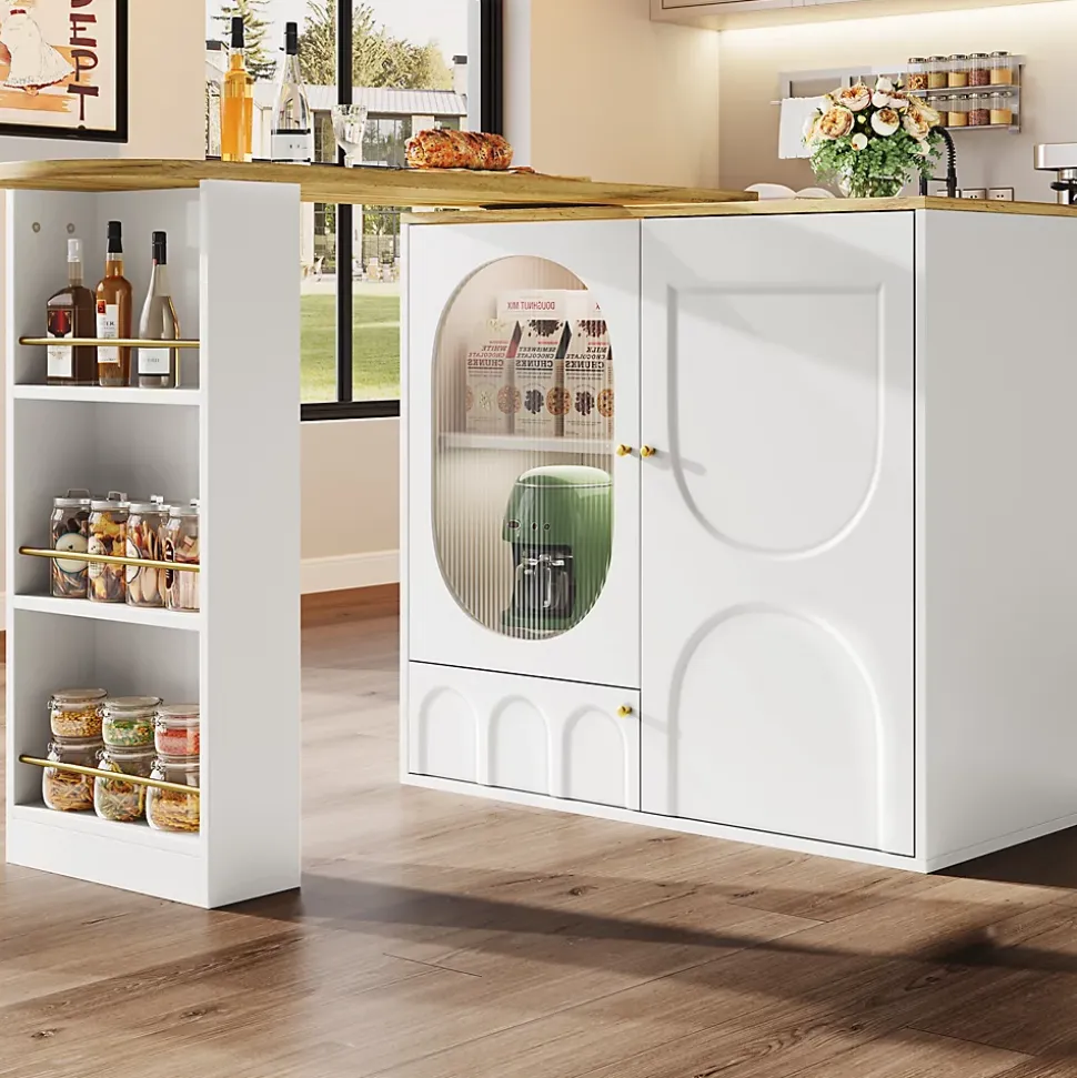 Table à manger avec buffet pivotant, 3 portes et rangements à séparateurs amovibles, MDF métal, 204x39x105 cm blanc