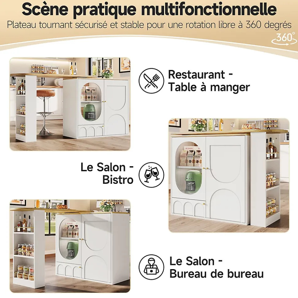 Table à manger avec buffet pivotant, 3 portes et rangements à séparateurs amovibles, MDF métal, 204x39x105 cm blanc