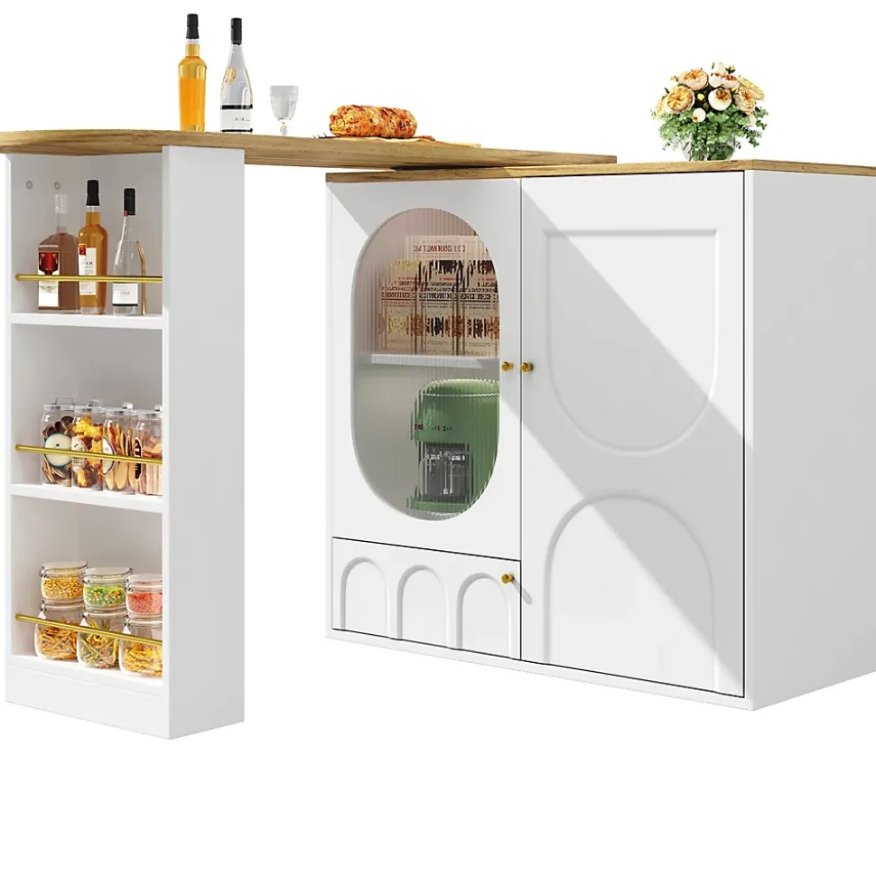 Table à manger avec buffet pivotant, 3 portes et rangements à séparateurs amovibles, MDF métal, 204x39x105 cm blanc