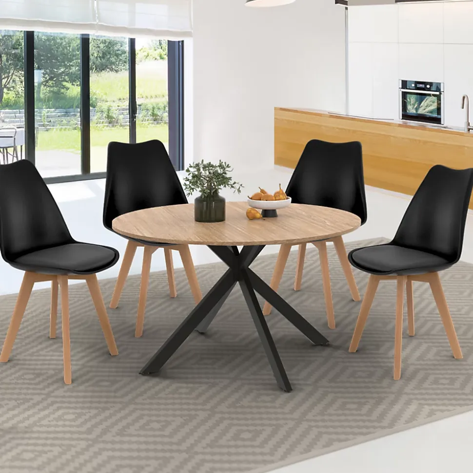 Table à manger extensible ronde ALIX 4-8 personnes pied araignée bois et noir 110-150 cm