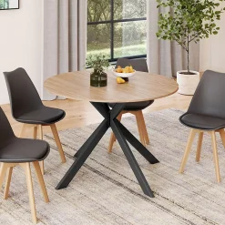 Table à manger extensible ronde ALIX 4-8 personnes pied araignée bois et noir 110-150 cm