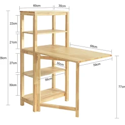 Table à Manger Pliable en Bois d'Hévéa avec Étagères Latérales 60x98x126cm