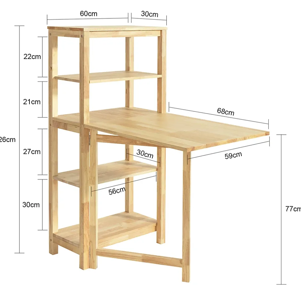 Table à Manger Pliable en Bois d'Hévéa avec Étagères Latérales 60x98x126cm