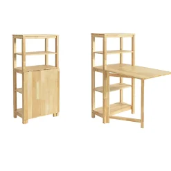 Table à Manger Pliable en Bois d'Hévéa avec Étagères Latérales 60x98x126cm