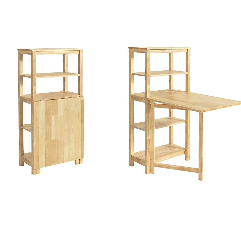 Table à Manger Pliable en Bois d'Hévéa avec Étagères Latérales 60x98x126cm