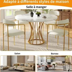Table à manger ronde 80 cm effet marbre pour 4 à 6 personnes avec pieds dorés