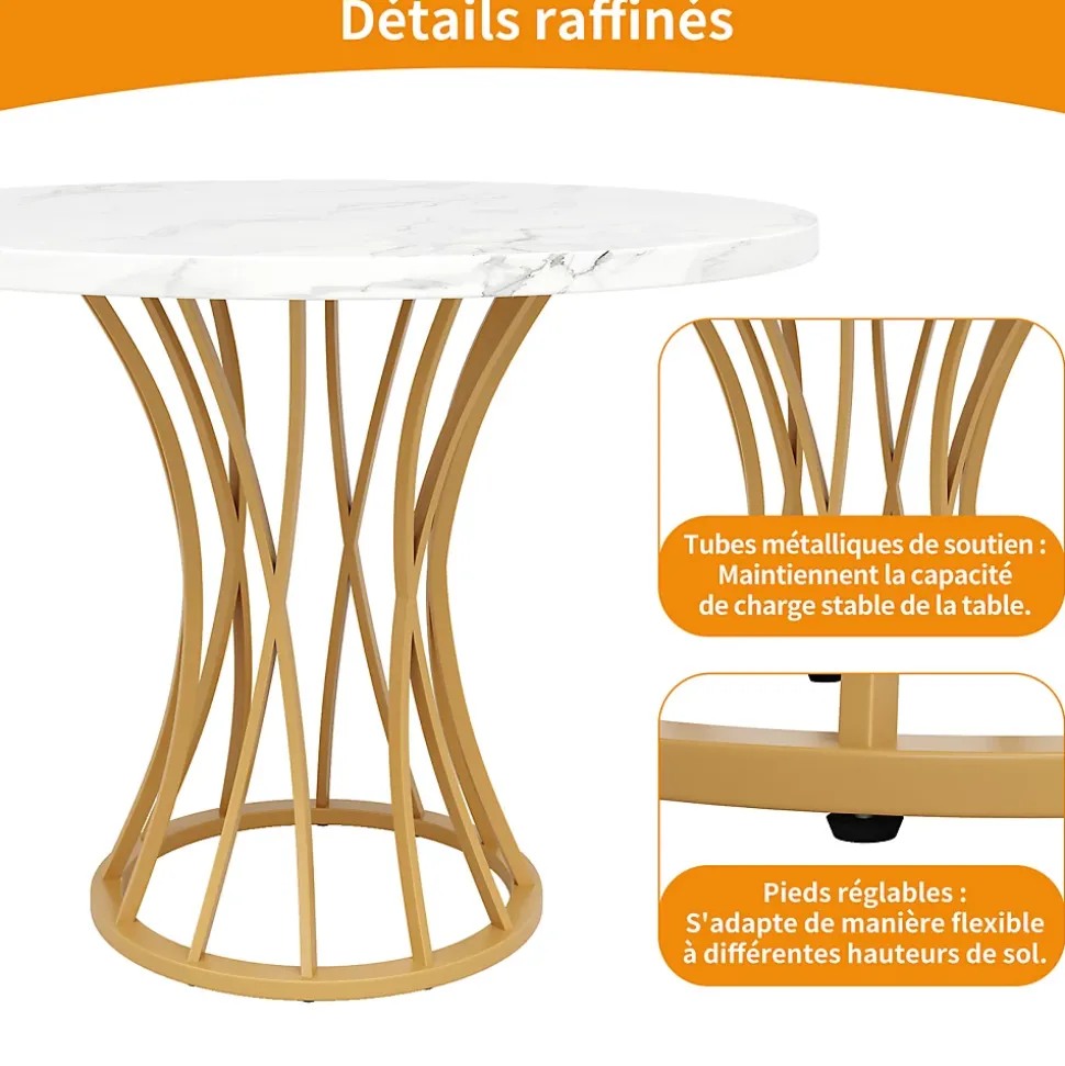 Table à manger ronde 80 cm effet marbre pour 4 à 6 personnes avec pieds dorés