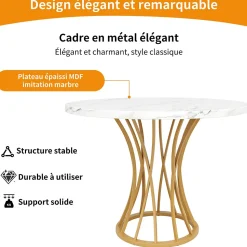 Table à manger ronde 80 cm effet marbre pour 4 à 6 personnes avec pieds dorés