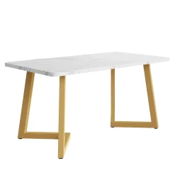 Table à manger 117x68 cm effet marbre avec pieds en métal - Blanc et Or