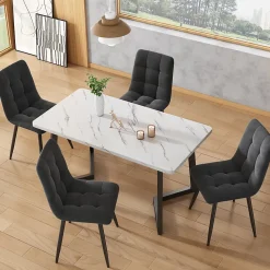 Table à manger 117x68 cm effet marbre avec pieds en métal - Noir et Blanc