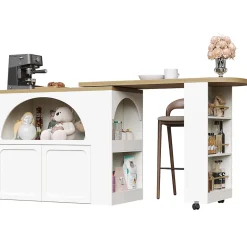 Table Bar - Meuble Bar Extensible avec LED et Rangement, Portes Arquées, Blanc, 135-205x39x100 cm