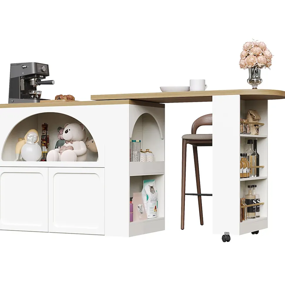 Table Bar - Meuble Bar Extensible avec LED et Rangement, Portes Arquées, Blanc, 135-205x39x100 cm
