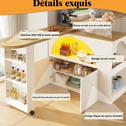 Table Bar - Meuble Bar Extensible avec LED et Rangement, Portes Arquées, Blanc, 135-205x39x100 cm