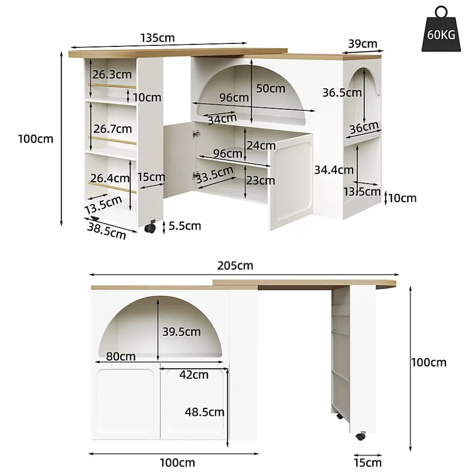 Table Bar - Meuble Bar Extensible avec LED et Rangement, Portes Arquées, Blanc, 135-205x39x100 cm
