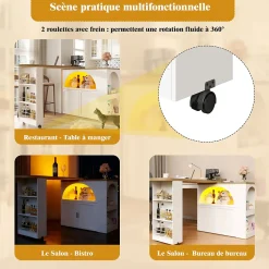 Table Bar - Meuble Bar Extensible avec LED et Rangement, Portes Arquées, Blanc, 135-205x39x100 cm