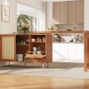 Table Bar - Meuble Bar Rotatif Extensible avec Rangement et Portes en Rotin - Table Haute Modulable pour Cuisine - MDF Brun