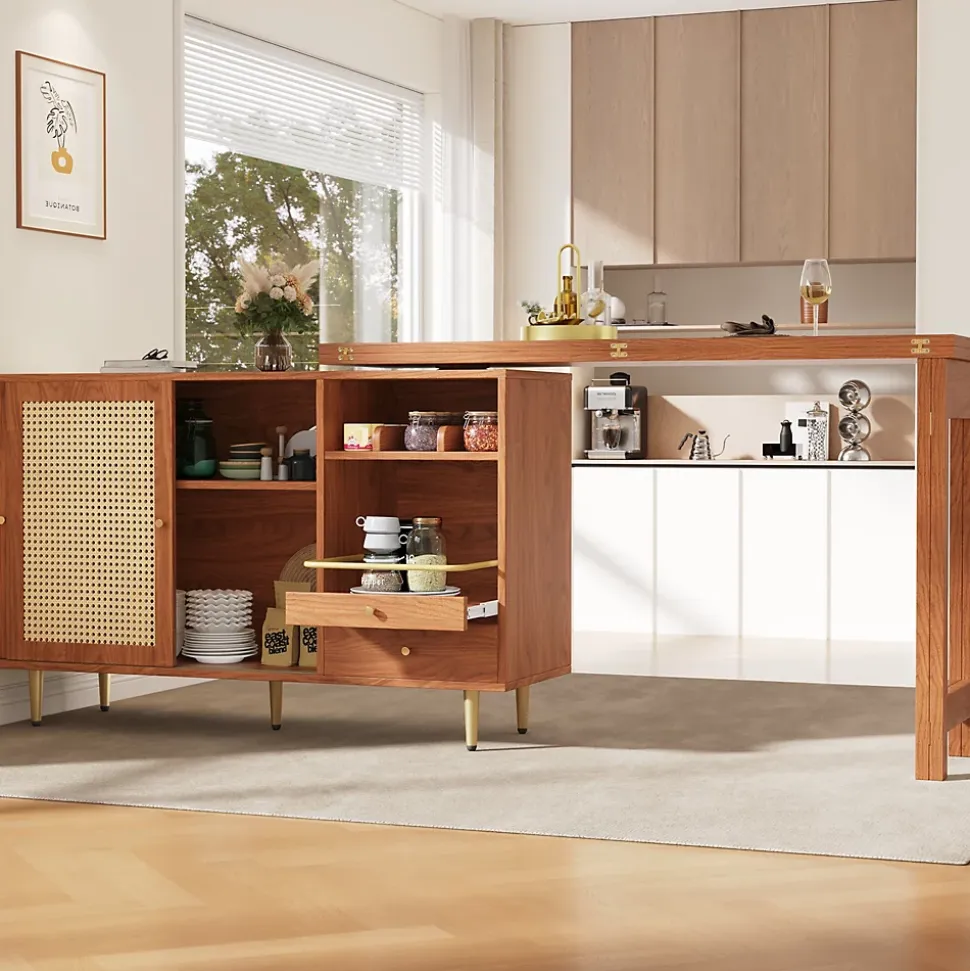 Table Bar - Meuble Bar Rotatif Extensible avec Rangement et Portes en Rotin - Table Haute Modulable pour Cuisine - MDF Brun
