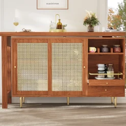 Table Bar - Meuble Bar Rotatif Extensible avec Rangement et Portes en Rotin - Table Haute Modulable pour Cuisine - MDF Brun
