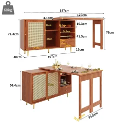 Table Bar - Meuble Bar Rotatif Extensible avec Rangement et Portes en Rotin - Table Haute Modulable pour Cuisine - MDF Brun