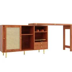 Table Bar - Meuble Bar Rotatif Extensible avec Rangement et Portes en Rotin - Table Haute Modulable pour Cuisine - MDF Brun