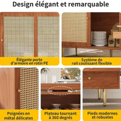 Table Bar - Meuble Bar Rotatif Extensible avec Rangement et Portes en Rotin - Table Haute Modulable pour Cuisine - MDF Brun