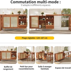 Table Bar - Meuble Bar Rotatif Extensible avec Rangement et Portes en Rotin - Table Haute Modulable pour Cuisine - MDF Brun