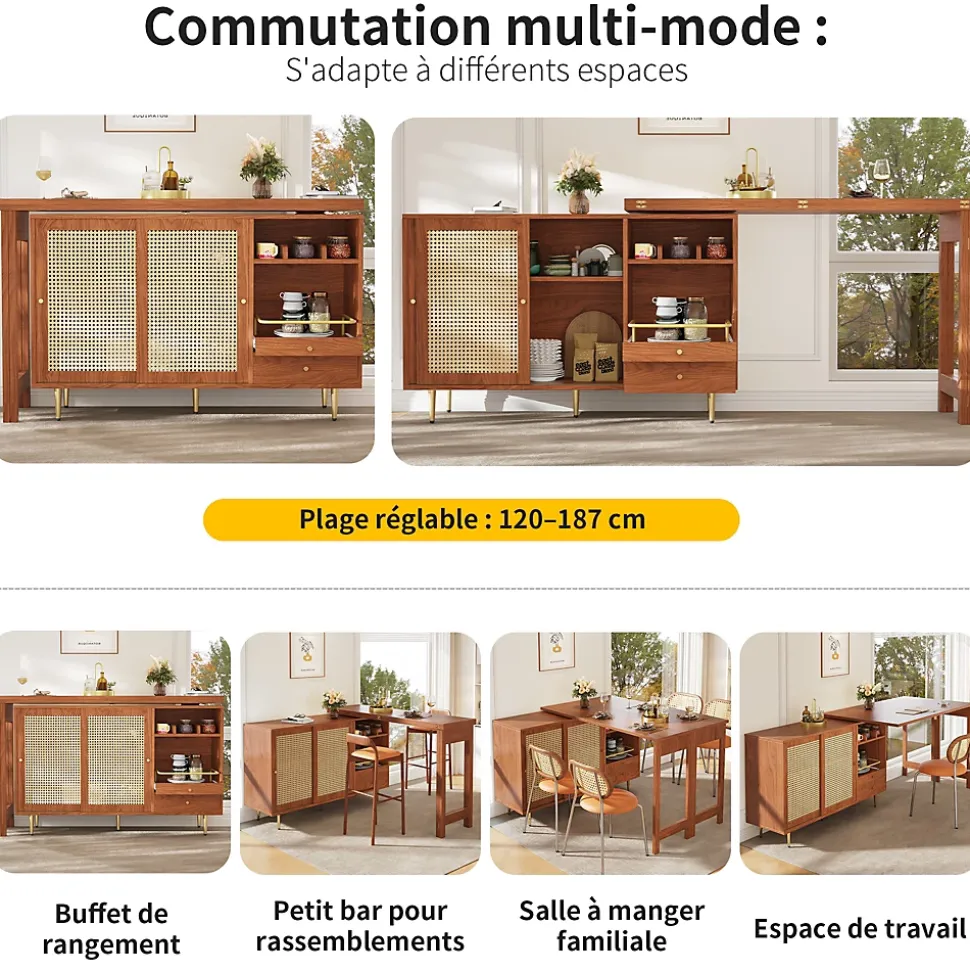Table Bar - Meuble Bar Rotatif Extensible avec Rangement et Portes en Rotin - Table Haute Modulable pour Cuisine - MDF Brun