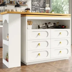 Table Bar Extensible Pivotante avec Rangement et Tiroirs - Meuble Bar Moderne pour Cuisine ou Salon - MDF Blanc