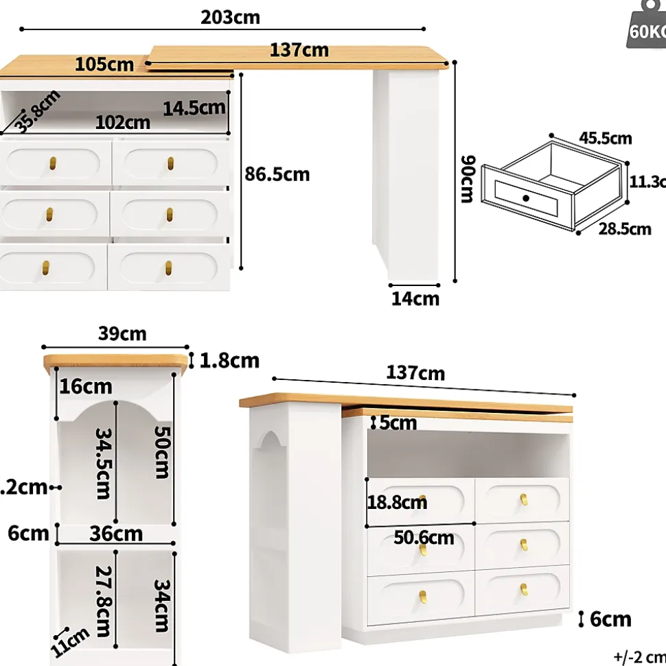 Table Bar Extensible Pivotante avec Rangement et Tiroirs - Meuble Bar Moderne pour Cuisine ou Salon - MDF Blanc