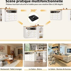 Table Bar Extensible Pivotante avec Rangement et Tiroirs - Meuble Bar Moderne pour Cuisine ou Salon - MDF Blanc