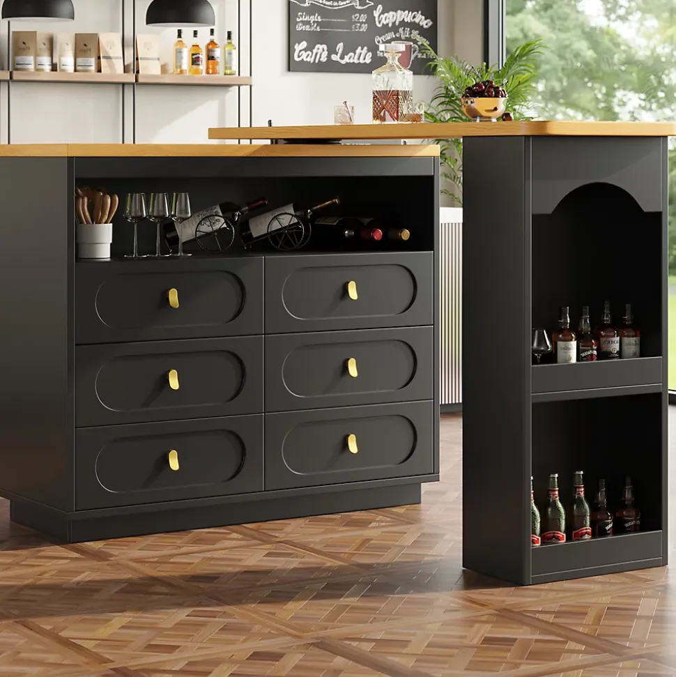 Table Bar Extensible Pivotante avec Rangement et Tiroirs - Meuble Bar Moderne pour Cuisine ou Salon - MDF Noir