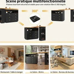 Table Bar Extensible Pivotante avec Rangement et Tiroirs - Meuble Bar Moderne pour Cuisine ou Salon - MDF Noir