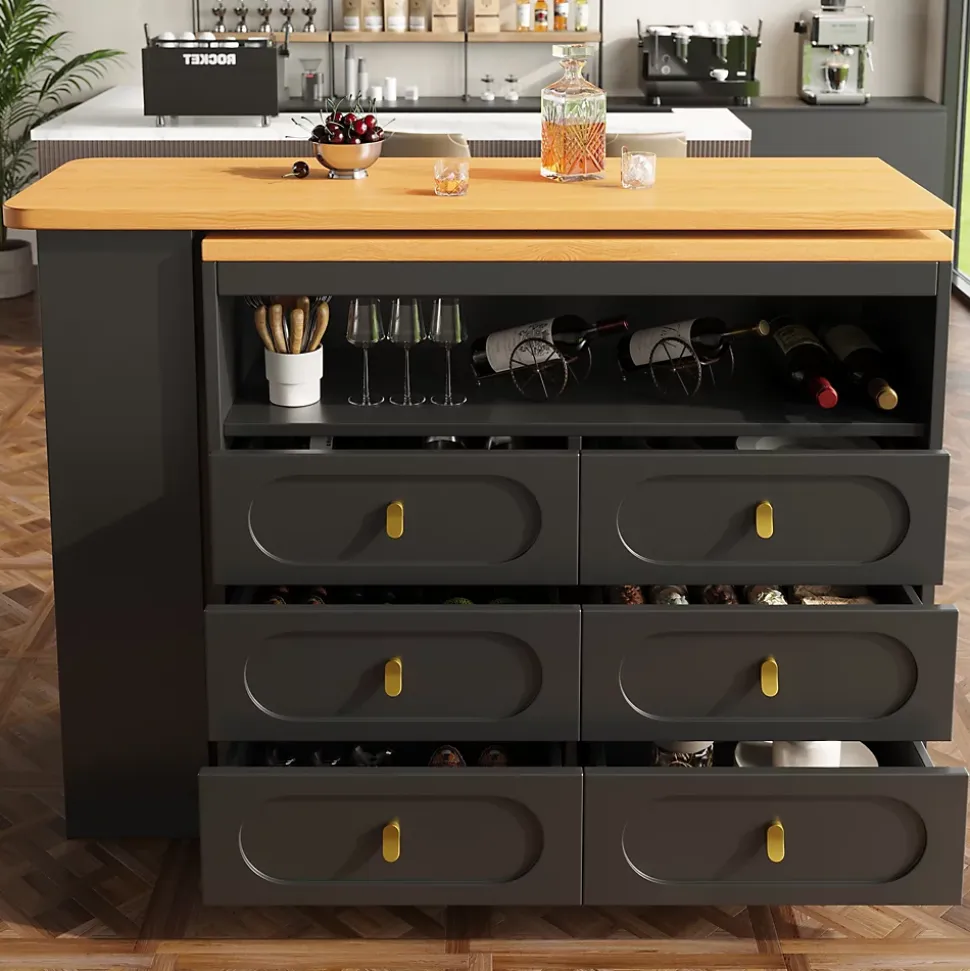 Table Bar Extensible Pivotante avec Rangement et Tiroirs - Meuble Bar Moderne pour Cuisine ou Salon - MDF Noir