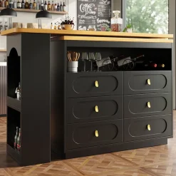 Table Bar Extensible Pivotante avec Rangement et Tiroirs - Meuble Bar Moderne pour Cuisine ou Salon - MDF Noir