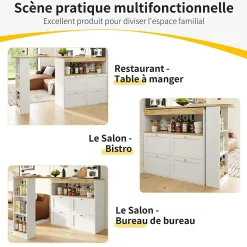 Table Bar Pivotante - Meuble Bar avec 4 Tiroirs et Étagères Ouvertes, Rangement Intégré, MDF Blanc
