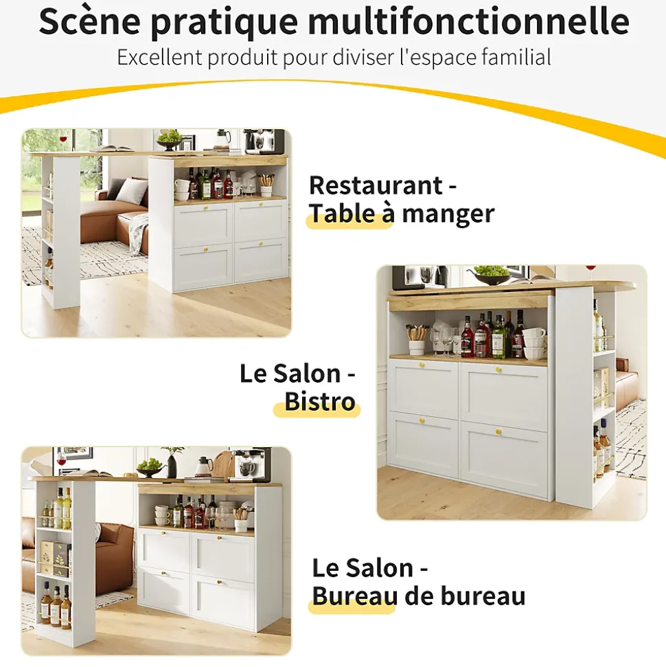 Table Bar Pivotante - Meuble Bar avec 4 Tiroirs et Étagères Ouvertes, Rangement Intégré, MDF Blanc