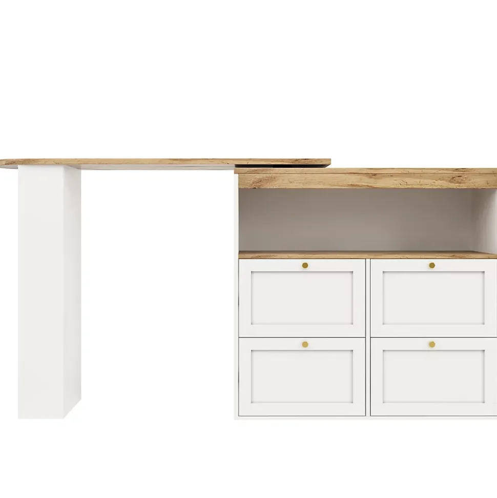Table Bar Pivotante - Meuble Bar avec 4 Tiroirs et Étagères Ouvertes, Rangement Intégré, MDF Blanc