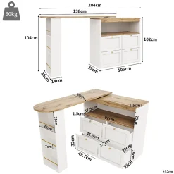Table Bar Pivotante - Meuble Bar avec 4 Tiroirs et Étagères Ouvertes, Rangement Intégré, MDF Blanc