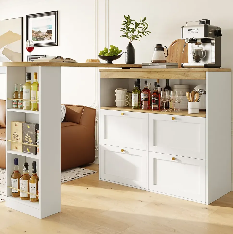 Table Bar Pivotante - Meuble Bar avec 4 Tiroirs et Étagères Ouvertes, Rangement Intégré, MDF Blanc