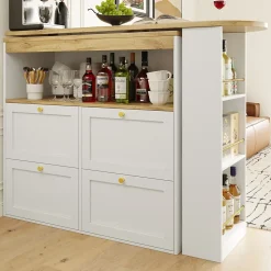 Table Bar Pivotante - Meuble Bar avec 4 Tiroirs et Étagères Ouvertes, Rangement Intégré, MDF Blanc