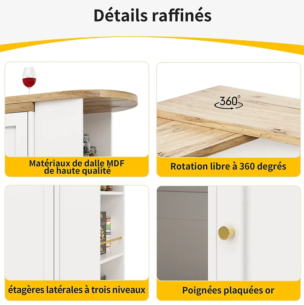 Table Bar Pivotante avec 2 Tiroirs et Étagères Ouvertes - Meuble Bar de Cuisine Moderne - MDF Blanc