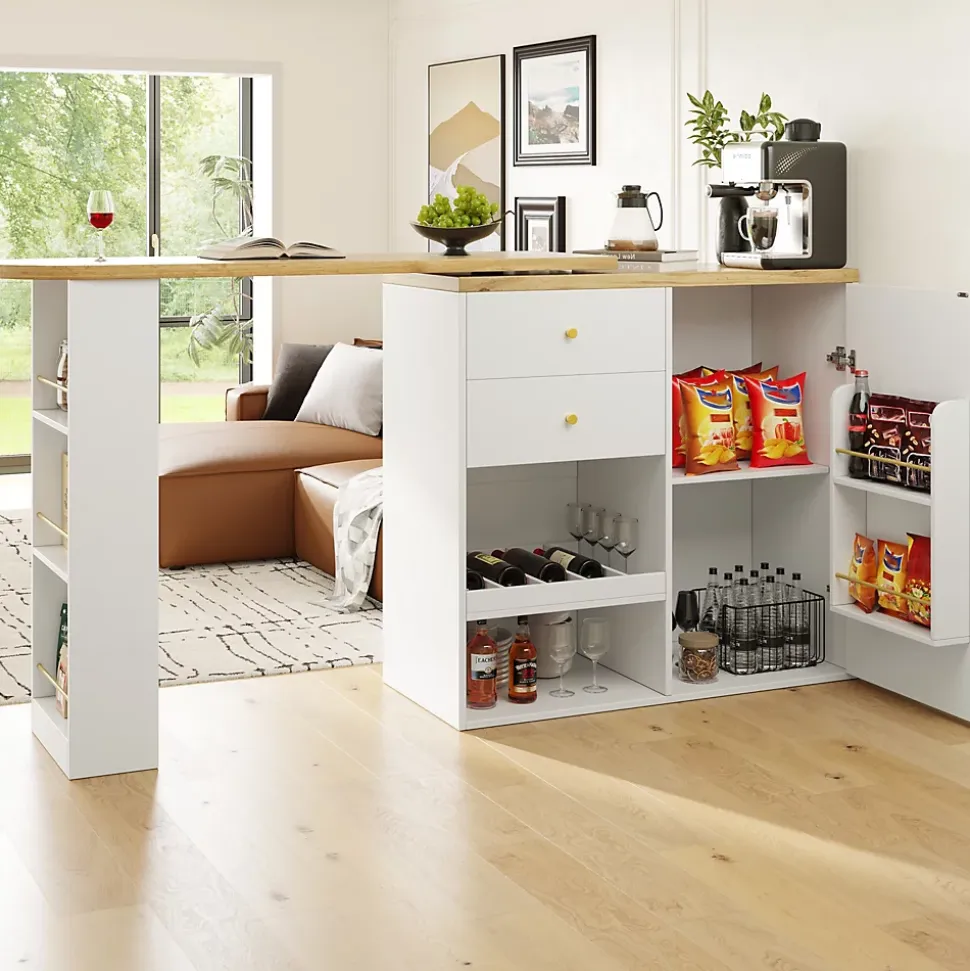 Table Bar Pivotante avec 2 Tiroirs et Étagères Ouvertes - Meuble Bar de Cuisine Moderne - MDF Blanc