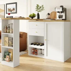 Table Bar Pivotante avec 2 Tiroirs et Étagères Ouvertes - Meuble Bar de Cuisine Moderne - MDF Blanc