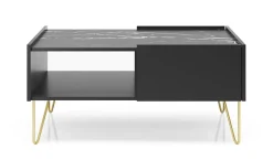 Table Basse : 2 Tiroirs, 1 Étagère, Noir Graphite / Marbre Noir, 97 X 45 X 65 Cm