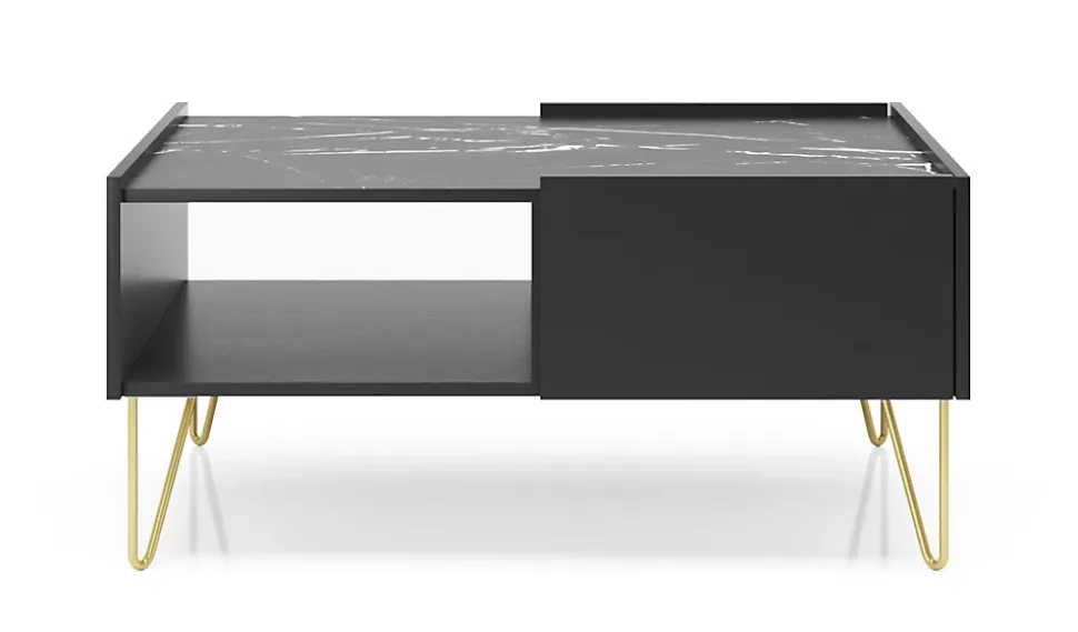 Table Basse : 2 Tiroirs, 1 Étagère, Noir Graphite / Marbre Noir, 97 X 45 X 65 Cm
