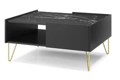Table Basse : 2 Tiroirs, 1 Étagère, Noir Graphite / Marbre Noir, 97 X 45 X 65 Cm