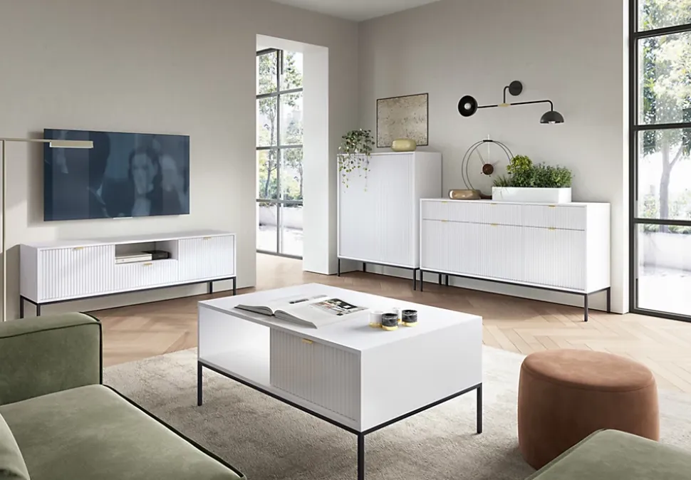 Table basse : Blanc, Noir, 104 x 46 x 68 cm, poignées dorées