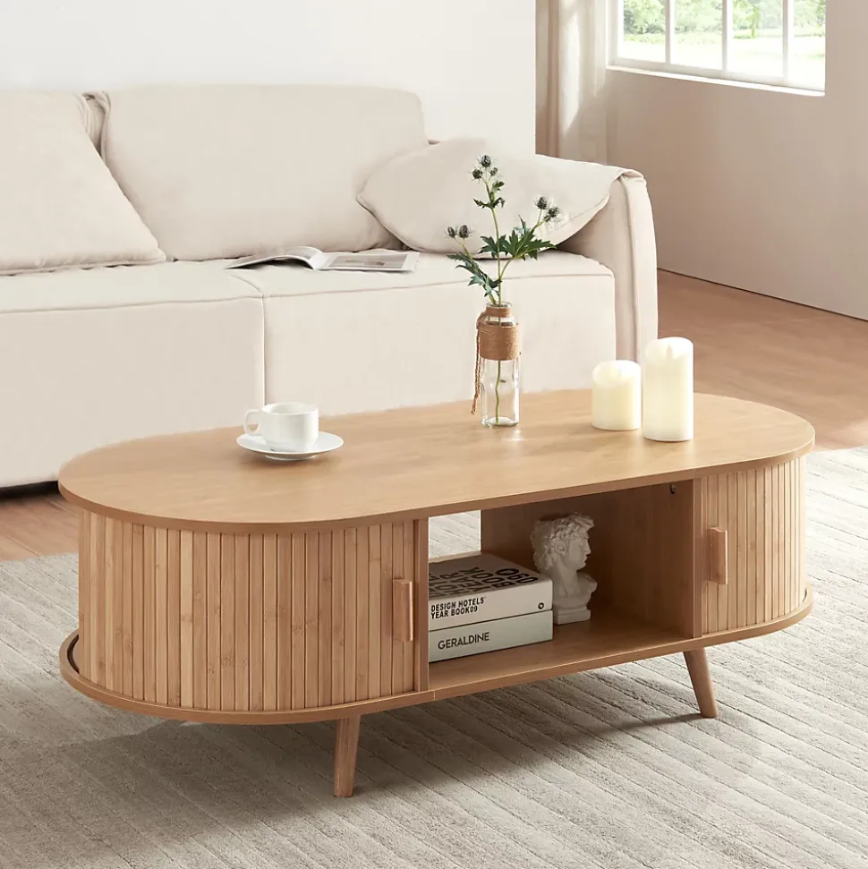 Table basse de salon Nordkapp avec portes coulissantes MDF bambou bois 120 x 55 x 40 cm naturel en.casa