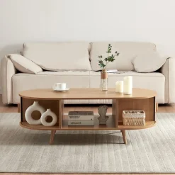 Table basse de salon Nordkapp avec portes coulissantes MDF bambou bois 120 x 55 x 40 cm naturel en.casa
